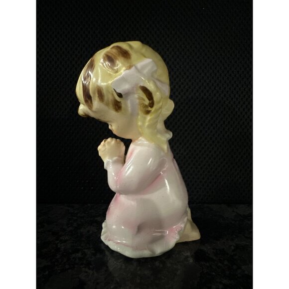 Vintage Lefton Ceramic Praying Girl Figurine In Pink Dress & Bow - Picture 2 of 8
